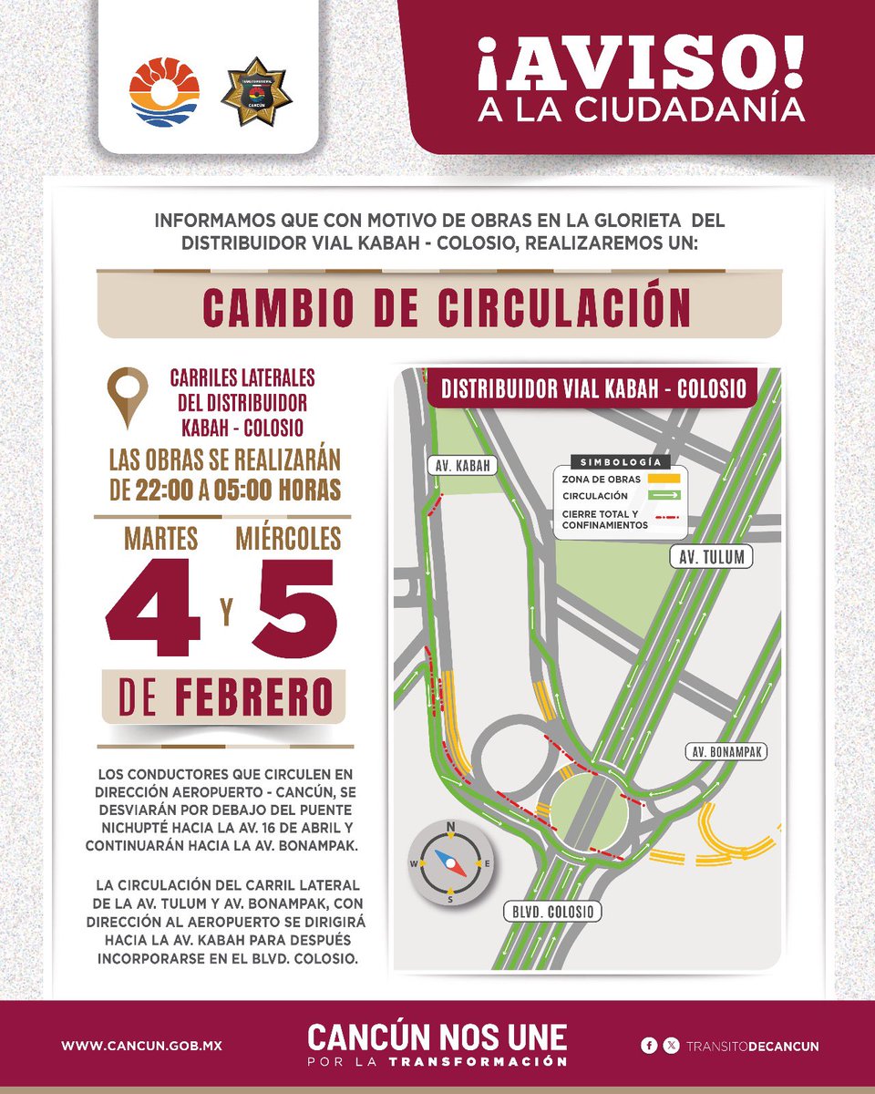 Aviso ⚠️

Informamos que con motivo de obras en la glorieta del distribuidor vial Kabah - Colosio, realizaremos un cambio de circulación de 22:00 a 5:00 horas hoy martes 4 y miércoles 5 de febrero.

Si transitas por la zona, toma tus precauciones.🚧