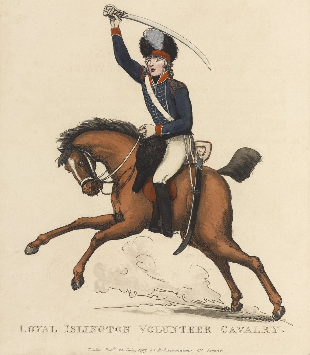 Back in the days when chaps knew how to dress. The Loyal Islington Volunteers formed in Highbury in 1797. 300 strong, they used to trot up and down Holloway Road and charge around Highbury Fields on a regular basis.  Probably.