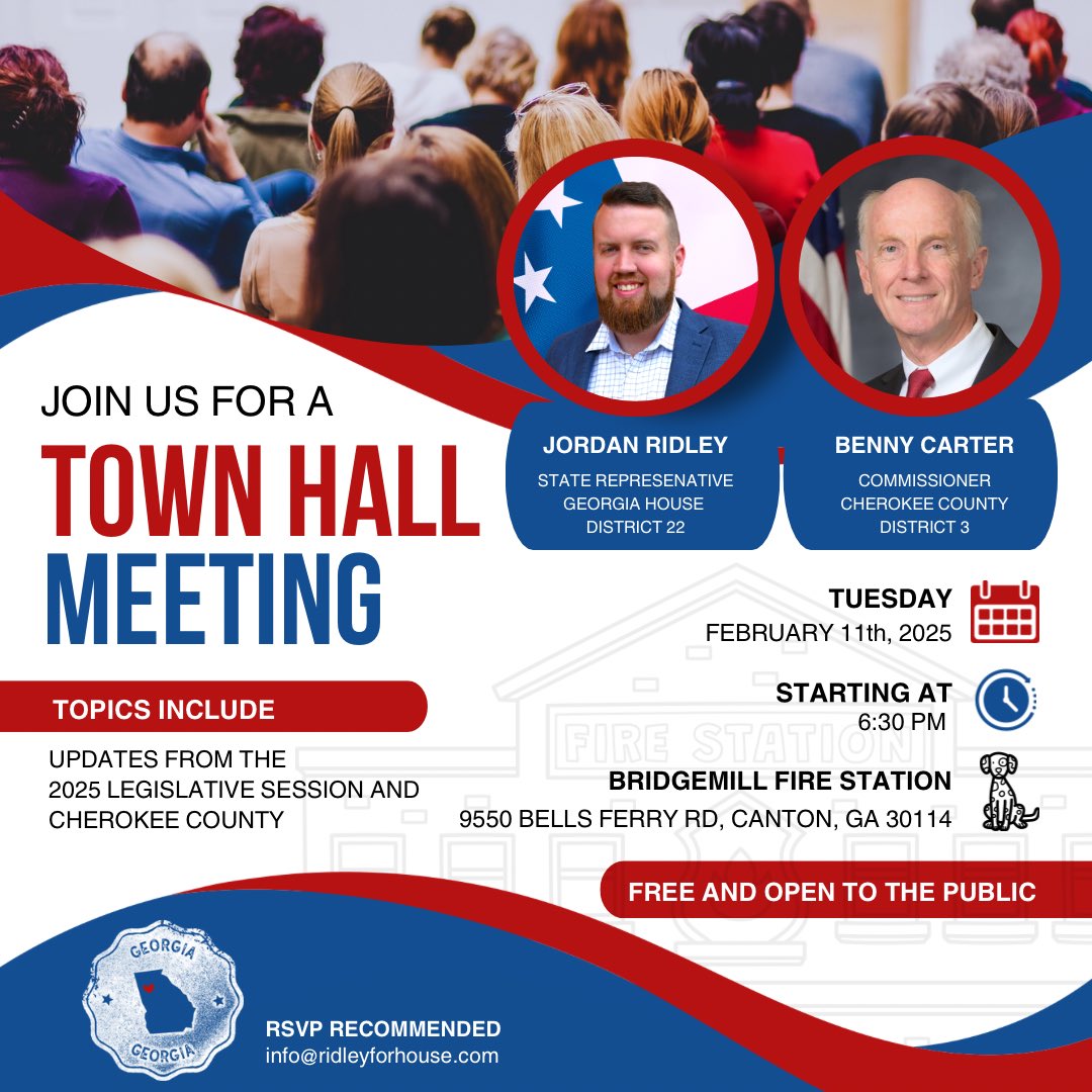 RepJordanRidley's tweet photo. Mark your calendars for Tuesday 2/11 and meet me with Cherokee County Commissioner Benny Carter as we discuss what’s happening in our community and across Georgia. 👍
Send ahead any questions or comments &amp; I’ll be happy to answer during the Town Hall. https://t.co/5Zj6ASNPIY