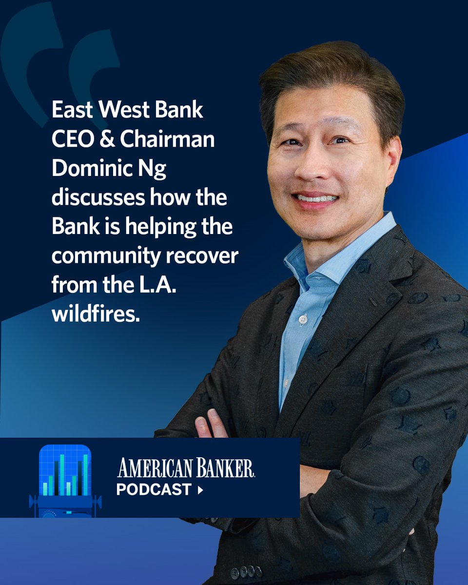 East West Bank (@eastwestbank) on Twitter photo With our headquarters in Pasadena, East West has worked on relief programs for customers who were impacted by the L.A. wildfires. Hear from our Chairman & CEO Dominic Ng on how we’re assisting our community rebound, in the <a href="/AmerBanker/">American Banker</a> podcast: podcasts.apple.com/us/podcast/eas… With our headquarters in Pasadena, East West has worked on relief programs for customers who were impacted by the L.A. wildfires. Hear from our Chairman & CEO Dominic Ng on how we’re assisting our community rebound, in the <a href="/AmerBanker/">American Banker</a> podcast: podcasts.apple.com/us/podcast/eas…