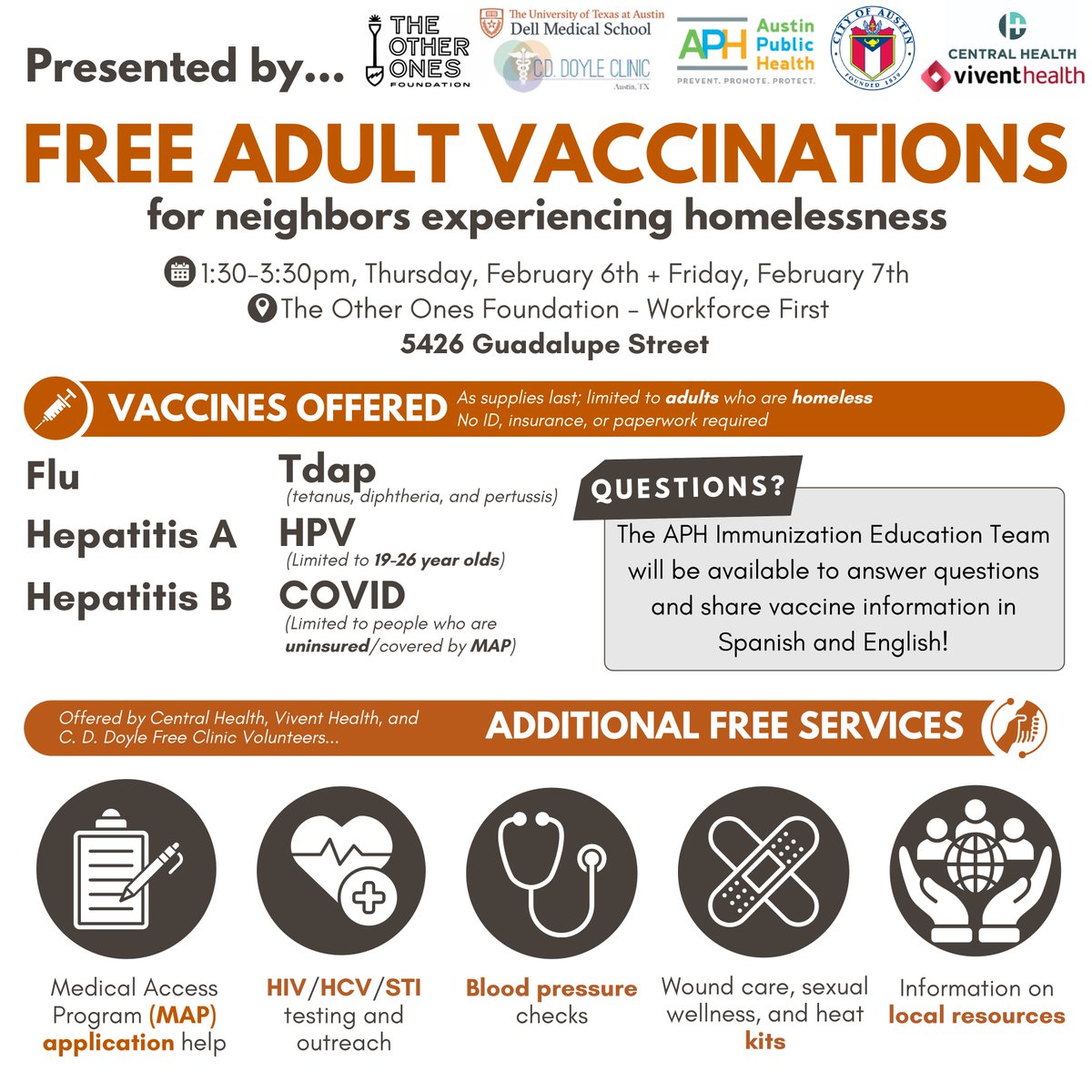 cddoyleclinic's tweet photo. CD Doyle is proud to be partnering with The Other Ones Foundation—Workforce First and the Austin Public Health Mobile Vaccination Program to host two free vaccination clinics open to ANY adult experiencing homelessness THIS Thurs &amp; Fri. We appreciate your help spreading the word! https://t.co/QJnArJs0YN