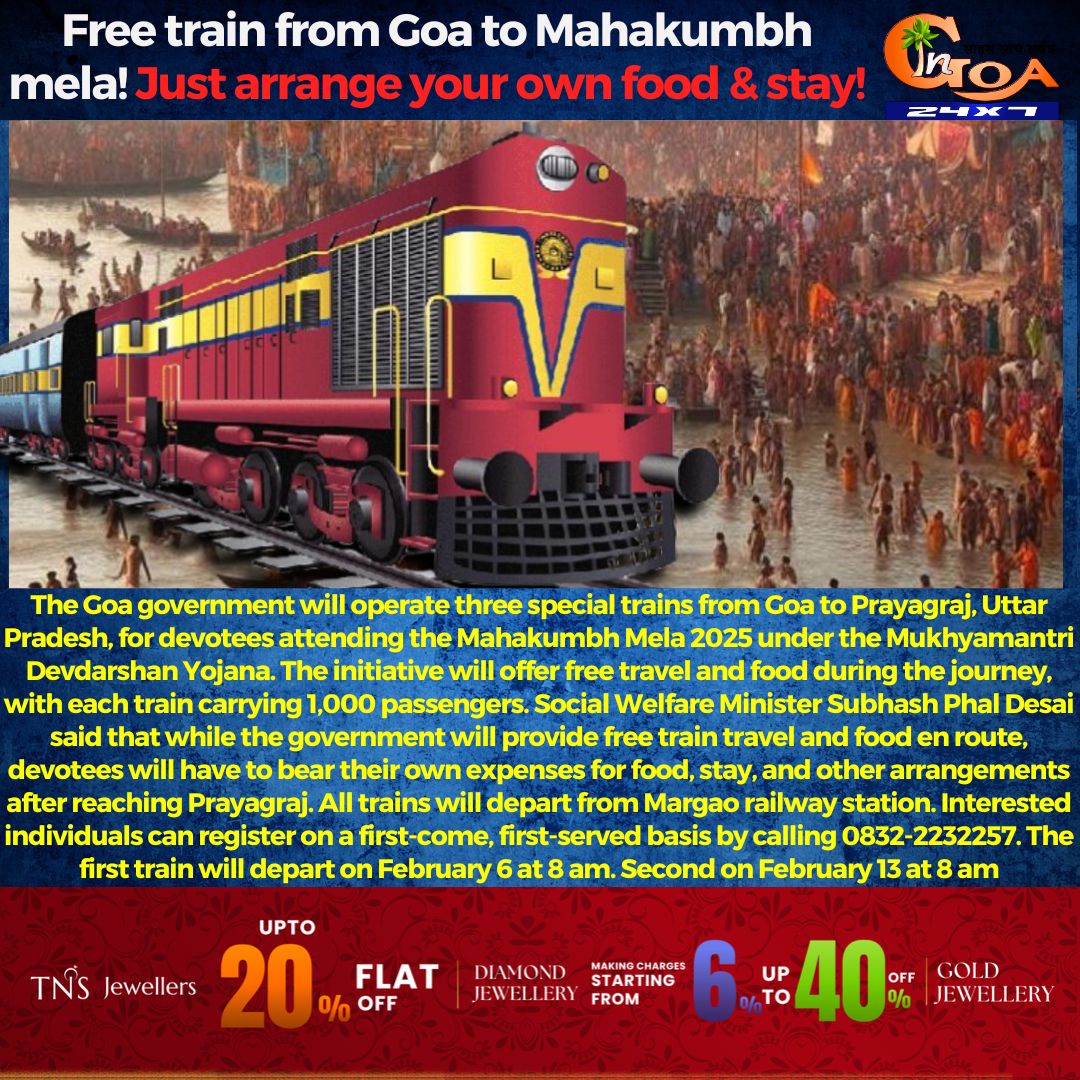 InGoa24x7's tweet photo. Free train from Goa to Mahakumbh mela! Just arrange your own food &amp; stay!
.
.
.
#Goa #GoaNews #Mahakumbh #FreeTrain #Prayagraj https://t.co/YyW7Gqljga