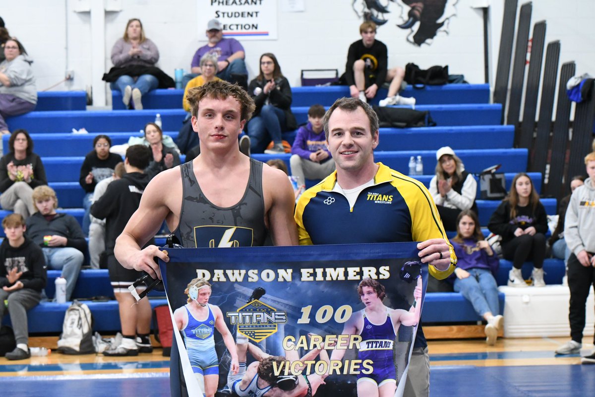wrestletea's tweet photo. Congrats to Dawson Eimers! He became the 11th Titan to eclipse the 100-varsity win mark on Saturday. 

#TitanPride⚡️ #Family⚡️ https://t.co/l4OTULA4P0