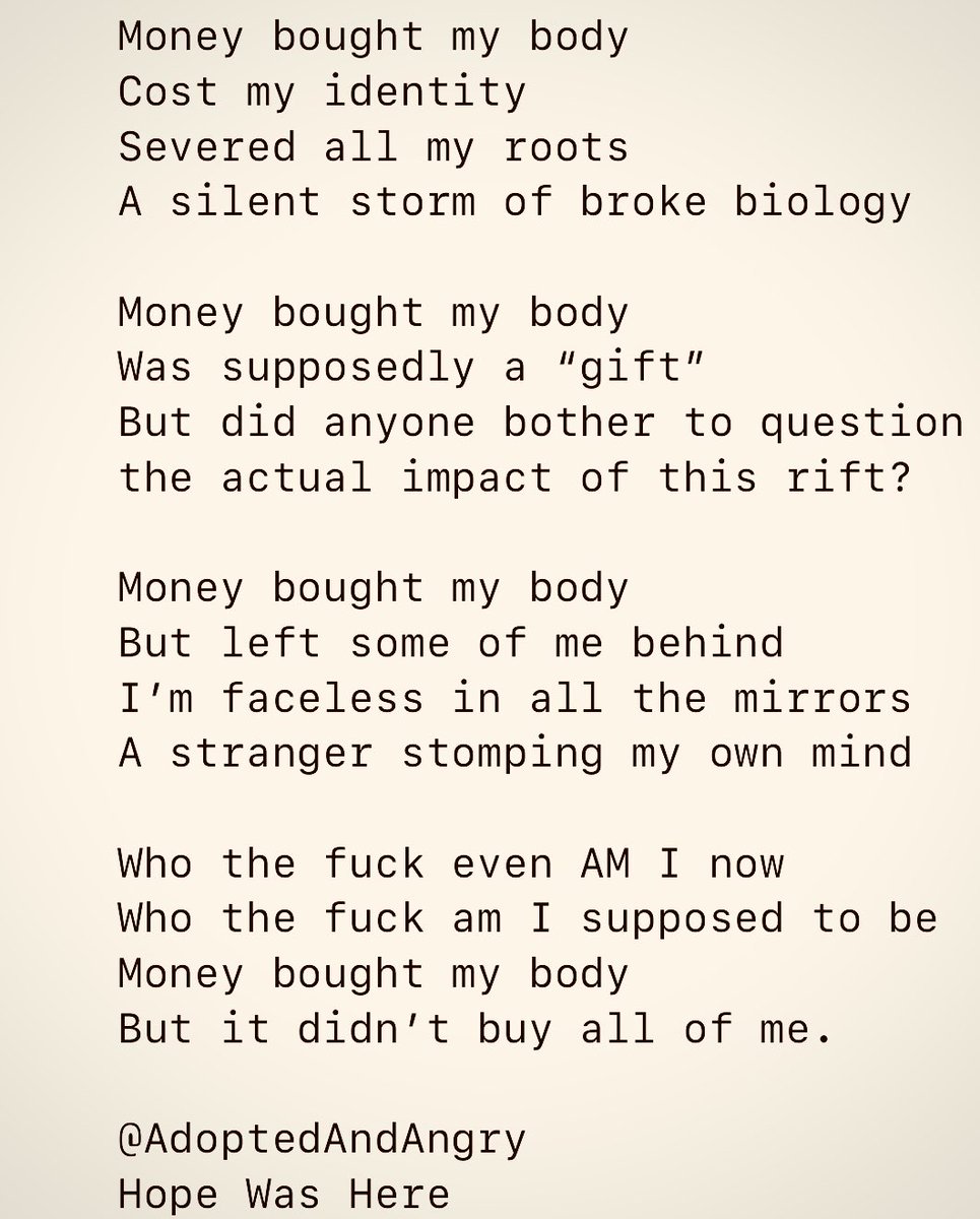 AdoptedandAngry's tweet photo. Adoptees and autistic people both apparently struggle a lot with individuation. Forming a sense of self distinct from others. It doesn’t make sense to people why I barely even know what MUSIC I like

#DoBetterForAdoptees #AdoptionReform #Adoption #Adoptionistrauma #AdopteeVoices https://t.co/ibmhwDIoLV
