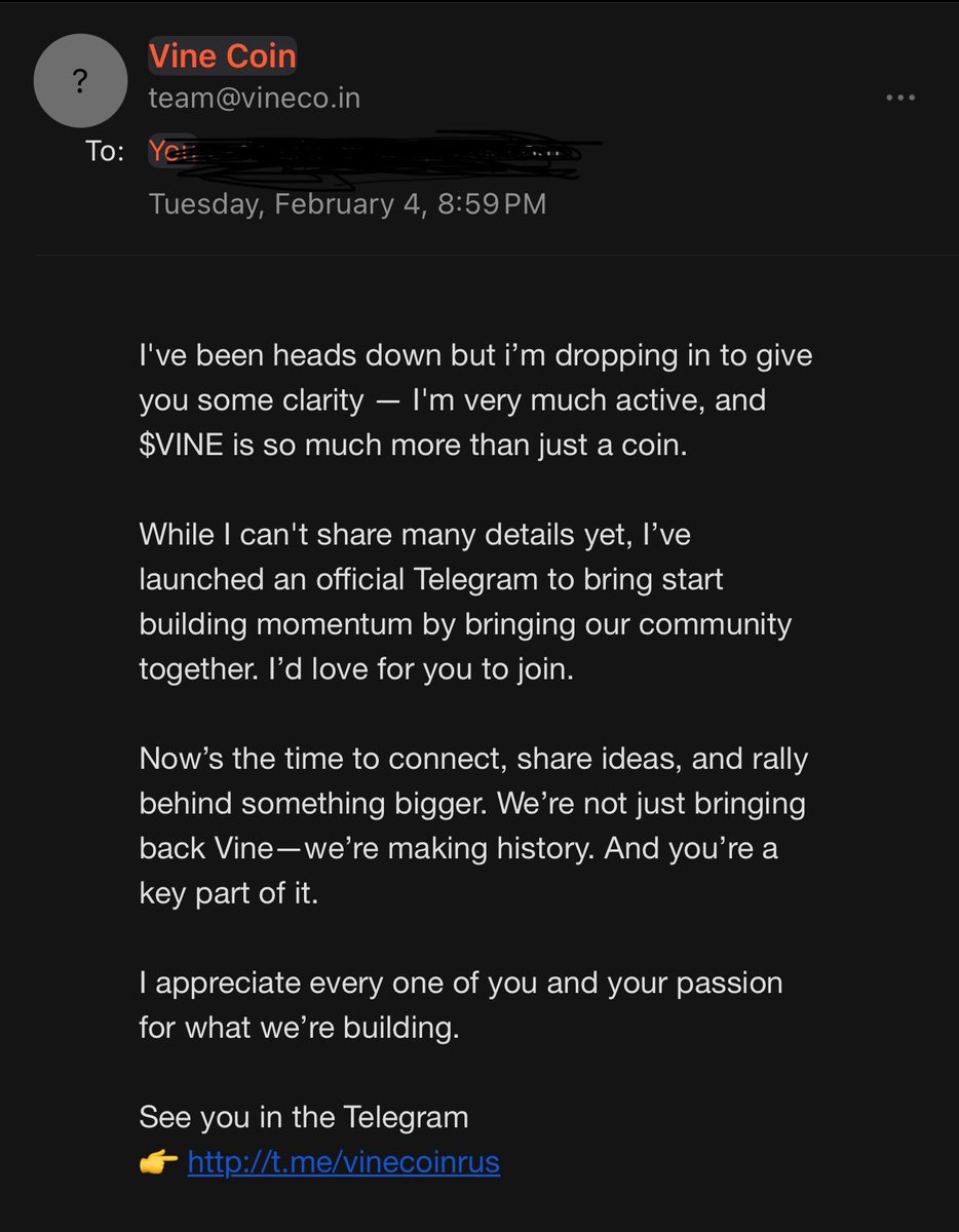 ‼️‼️

those who signed up for the $vine beta waitlist are now receiving emails from dev <a href="/rus/">Rus</a> with private invites to a telegram group

the dev is active

VINE IS COMING BACK

YOU ARE NOT BULLISH ENOUGH

$vine 🌱
