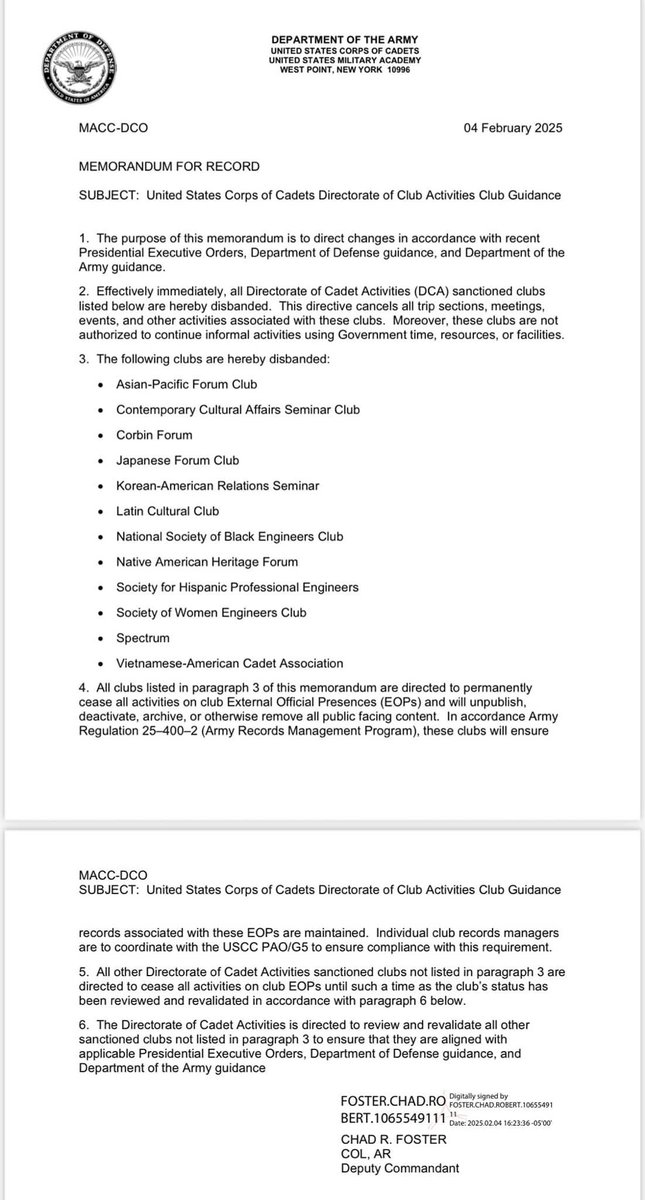 West Point orders certain student groups to disband in compliance with Trump EO.  

The list includes Asian-Pacific Forum, National Society of Black Engineers, Native American Heritage Forum, and Society of Women Engineers.