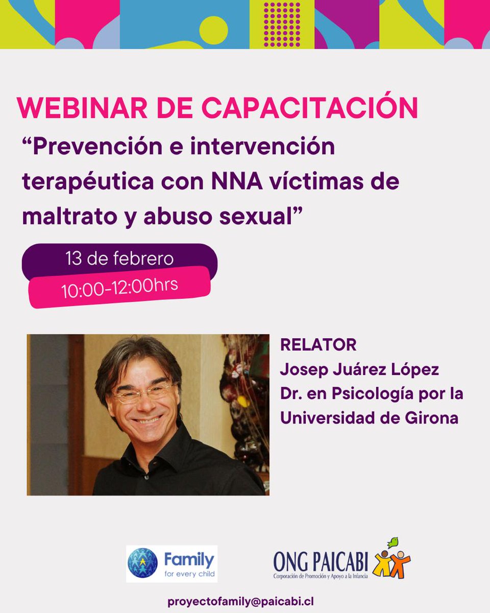 Webinar “Prevención e intervención terapéutica con NNA víctimas de maltrato y abuso sexual infantil”
 13 de febrero - 10 a 12 hrs.
Organizan <a href="/Paicabi/">ONG Paicabi</a>  y <a href="/FFEveryChild/">Family for Every Child</a> 
ACTIVIDAD GRATUITA CON INSCRIPCIÓN PREVIA – CUPOS LIMITADOS
👉 goo.su/nqh8I