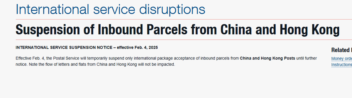 "Effective Feb. 4, the US Postal Service will temporarily suspend only international package acceptance of inbound parcels from China and Hong Kong Posts until further notice. Note the flow of letters and flats from China and Hong Kong will not be impacted."