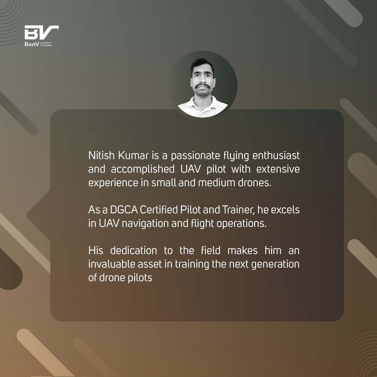 BONVCommunicat1's tweet image. Meet Nitish Kumar Rana, expert UAV pilot and trainer! 

With hands-on experience in UAV navigation and flight ops, he’s shaping the next generation of drone pilots. 

Excited for his insights at the workshop!

#bonvaero #workshop #aerialmobility #IndianArmy