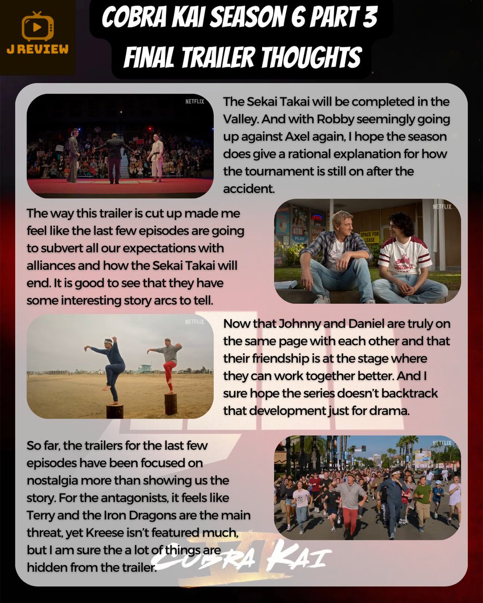 JMusic66183121's tweet photo. Cobra Kai Season 6 Part 3 Final Trailer Thoughts
#CobraKai #CobraKaiSeason6 #Miguel #Sam #Robby #Tory #Devon #Kenny #Demetri #Hawk #Daniel #Johnny #Kreese #MikeBarnes #Miyagi #Miyagiverse #TheKarateKid #MiyagiDo #Netflix #Kyler #SekaiTakai #Karate #Kwon #DaEun #MasterKim https://t.co/hm8RqVfW0g