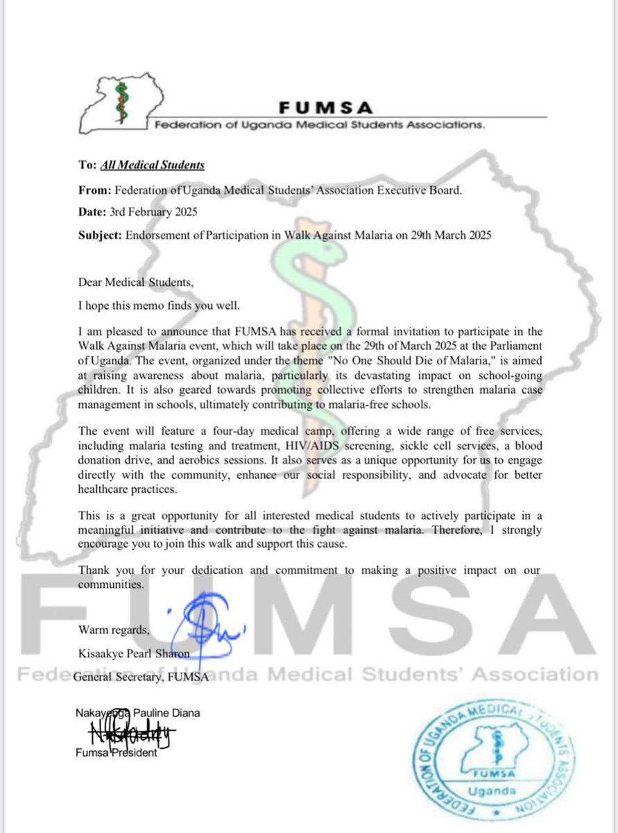 upfm_malaria's tweet photo. The future doctors of Uganda are leading the charge! @OfficialFUMSA #WalkAgainstMalaria! Don't miss out! Join the movement &amp; let's march towards a #MalariaFreeFuture together! #WalkAgainstMalaria #MedicalStudentsUnite https://t.co/HAOGaFG4ht