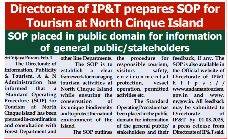 MediaRN_ANI's tweet image. #NewAndamans
@Andaman_Admin in coordination with @TourismDeptANI and in consultation with @AndamanForests prepared #StandardOperatingProcedure for #Tourism at #NorthCinqueIsland. #SOP placed in public domain for information of general public/stakeholders and their feedbacks.