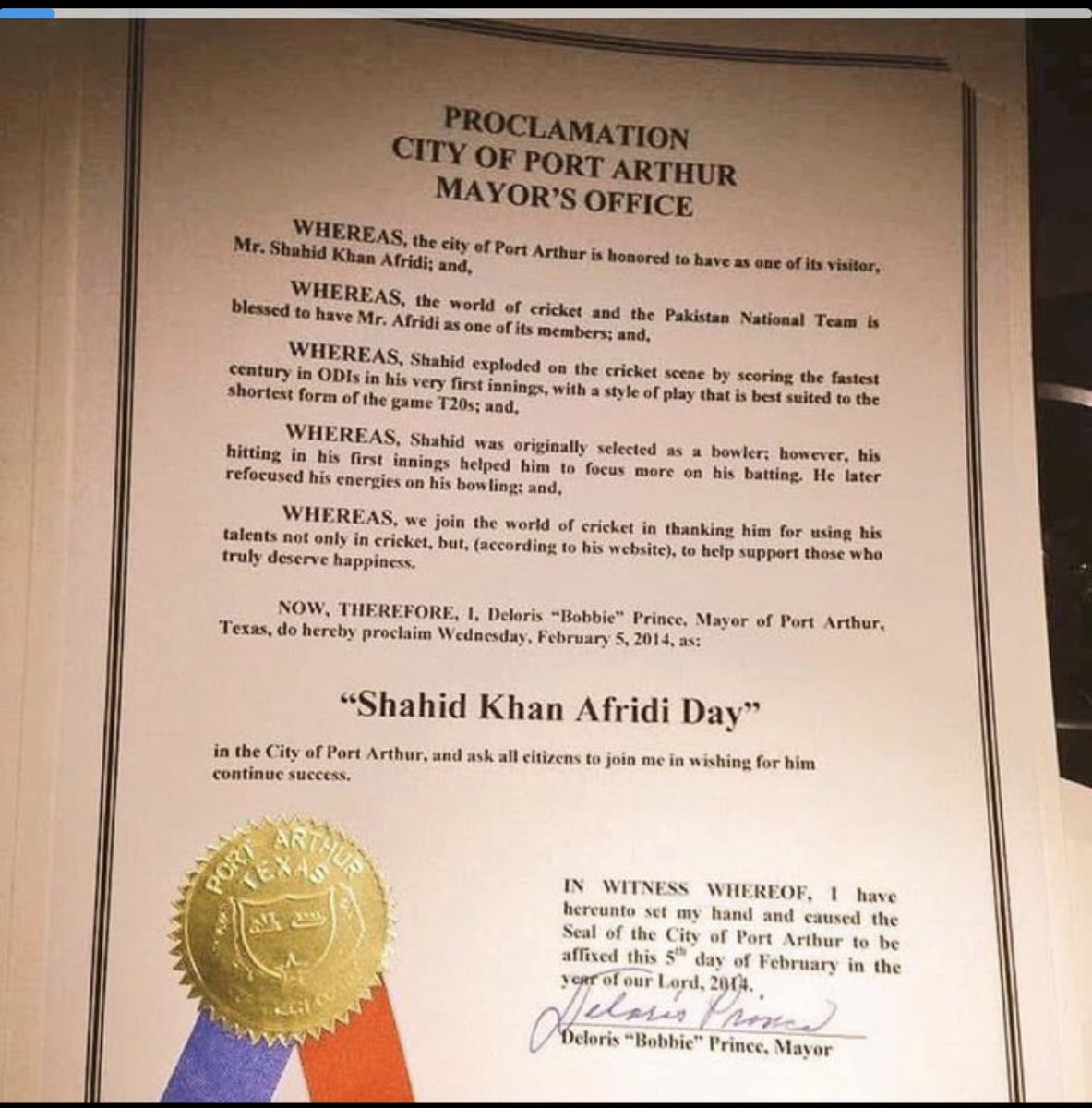 SAfridiOfficial's tweet image. I am profoundly honored by the celebration of #ShahidAfridiDay—instituted on February 5, 2014 by Port Arthur’s Mayor Deloris “Bobbie” Prince. This recognition not only honors our shared legacy but also inspires my ongoing commitment to uphold Pakistan’s proud spirit. #5thFeb