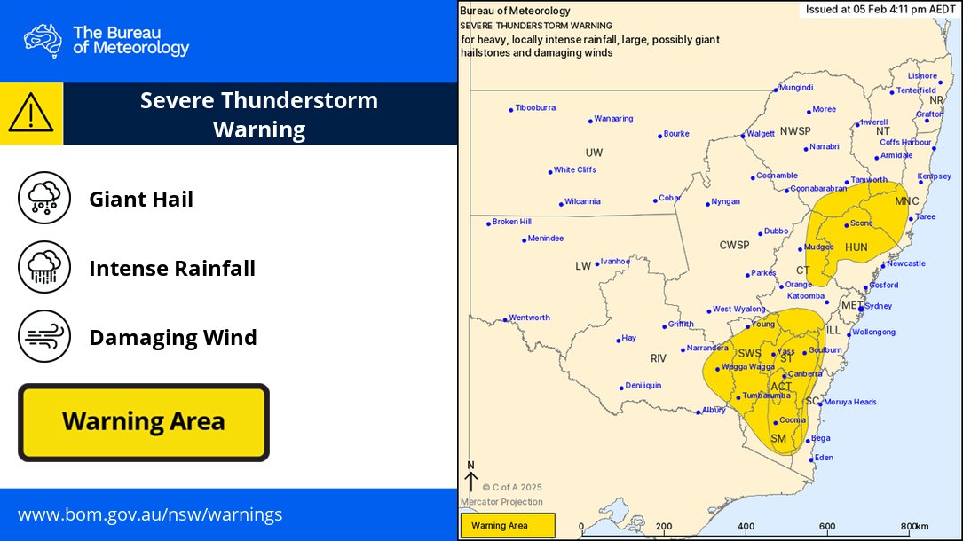 BOM_NSW's tweet photo. ⚠️4:11pm: Severe Storm Warning Heavy to #IntenseRainfall Large to #GiantHail & #DamagingWinds
Severe storms continue over the Great Dividing Range & Riverina.
#ACT #SouthCoast #SouthernTablelands #SnowyMountains #Illawarra storms are Very DANGEROUS.
https://t.co/tYiUXby2yr https://t.co/lifhgDCw4G