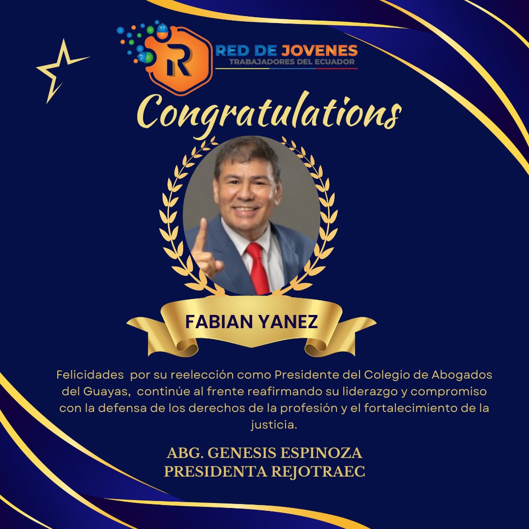 redjotraec's tweet photo. El Abg. Fabián Yánez ha sido reelecto como Presidente del Colegio de Abogados del Guayas, un reconocimiento a su liderazgo, entrega y compromiso con la profesión jurídica.

¡Felicitaciones, Presidente! Que esta nueva etapa siga marcando historia en el derecho ecuatoriano. https://t.co/aiB7E0M2GU