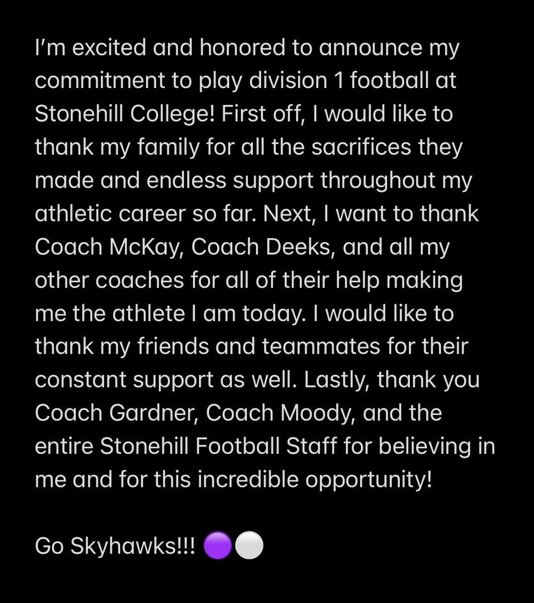 COMMITTED‼️🟣⚪️ #shoveltown #DIG 
<a href="/StonehillFB/">Stonehill Football #DIG</a> <a href="/CoachEliGardner/">Coach Eli Gardner</a> <a href="/TylerMoody39/">Tyler Moody</a> <a href="/_CoachFlo/">Nick Flores</a> <a href="/Coach_KJones/">Kyle Jones</a> <a href="/KohlsKicking/">Kohl's Kicking Camps</a> <a href="/CoachDeeks/">Coach Nick ‘Deeks’ DiCairano</a> <a href="/LSfootballtweet/">LS Football</a> <a href="/CoachJMcKay/">Justin McKay</a> <a href="/Chris_Sailer/">Chris Sailer Kicking</a> 
<a href="/CoachLenson/">Sam Lenson</a>