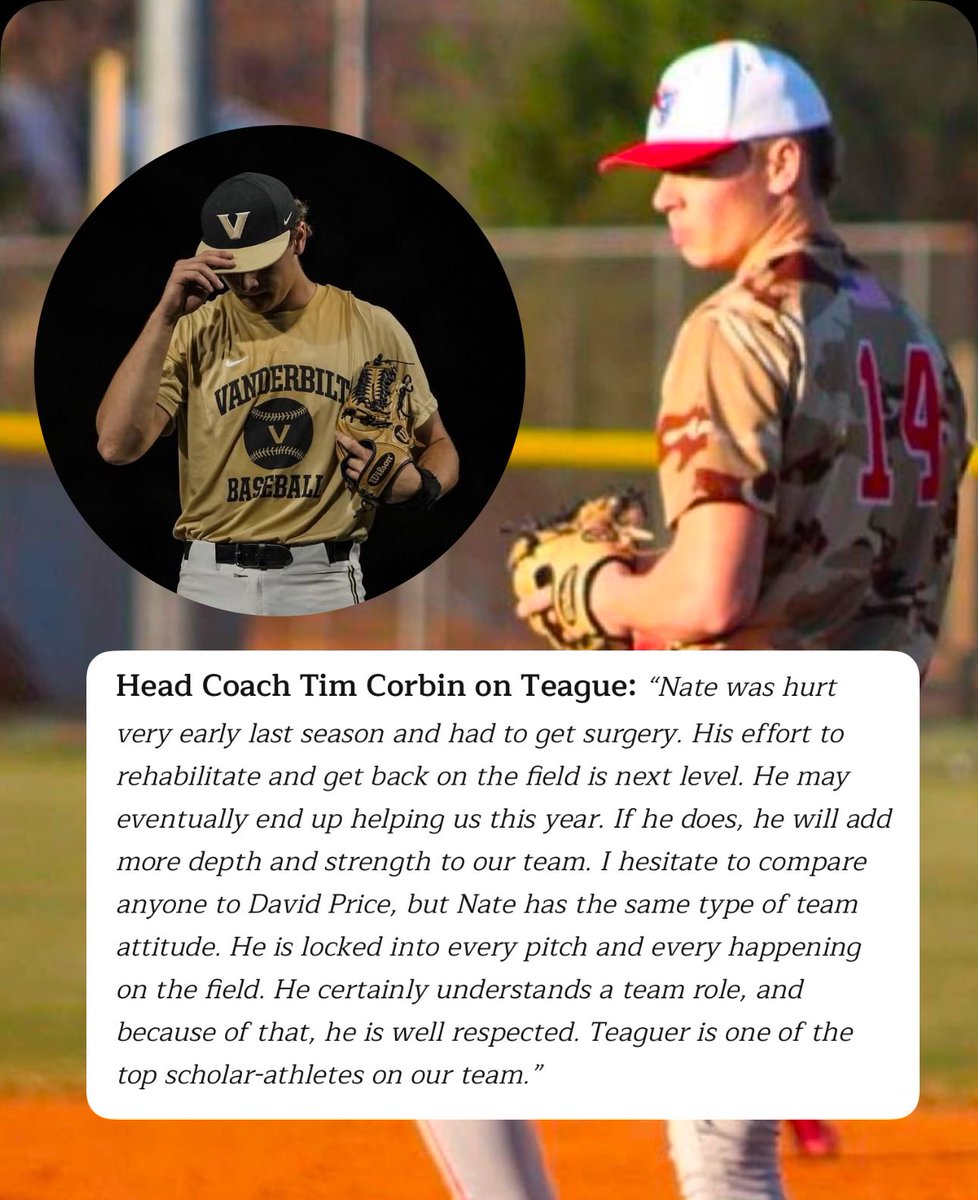 Check out the high praise from Coach Corbin at Vanderbilt baseball about our guy Nate. 👀 

Nate is working his tail off to get back from surgery. Saw him several times over Winter Break putting in work at our place. Always has a plan and attacks it with relentless work ethic.