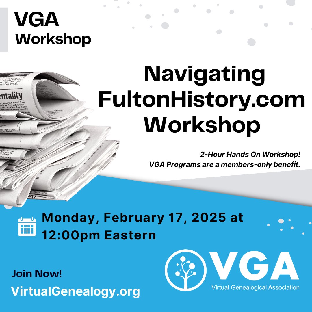 Upcoming 2-hour workshop on FultonHistory.com! 📷

Learn more at: virtualgenealogy.org/2025/01/25/nav…

#Genealogy #VirtualGenealogy #FamilyHistory