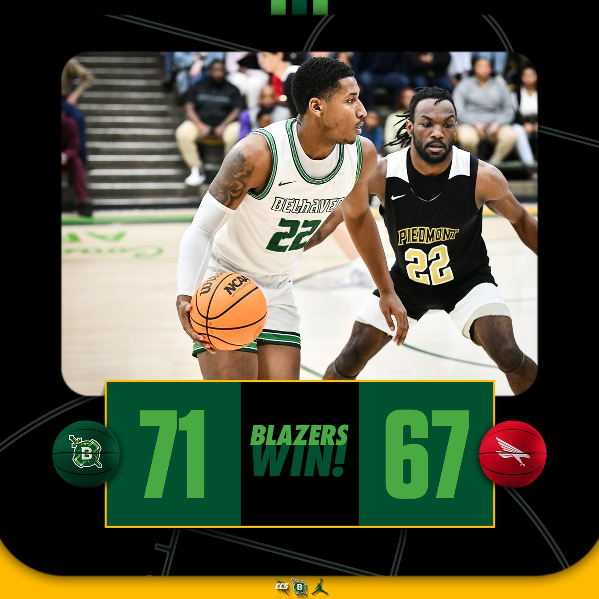 A BLAZERS' DOZEN

The Blazers win their 13th straight game in a tough road test at Huntingdon

FINAL | Belhaven 71, Huntingdon 67

Reese: 19 PTS, 13 REB
Hersey: 17 PTS, 5 REB
Marshall: 15 PTS

#GoGreen | #d3hoops