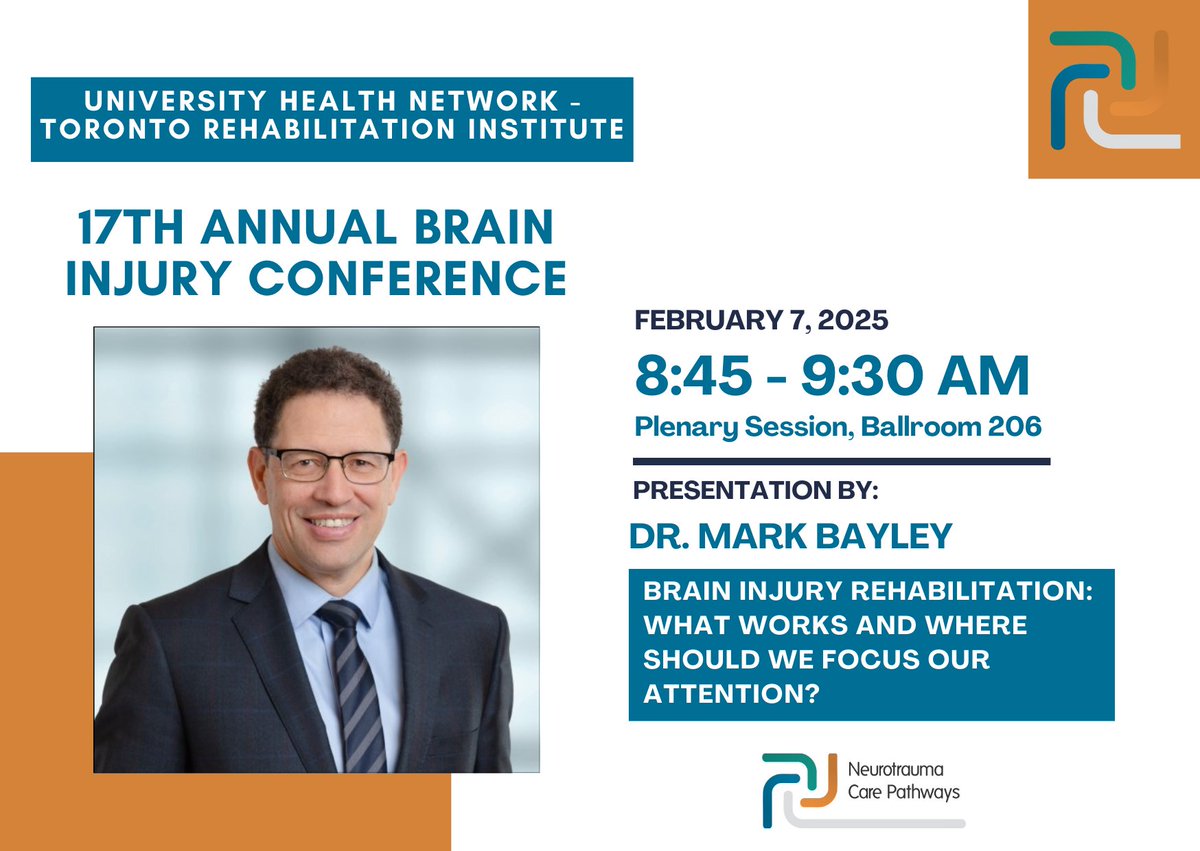 NeurotraumaPath's tweet photo. Are you attending @TorontoRehab's 17th Annual Brain Injury Conference this Friday? Make sure to catch @DocMarkBayley's presentation on #braininjury rehabilitation! https://t.co/jqNim5r4Mz