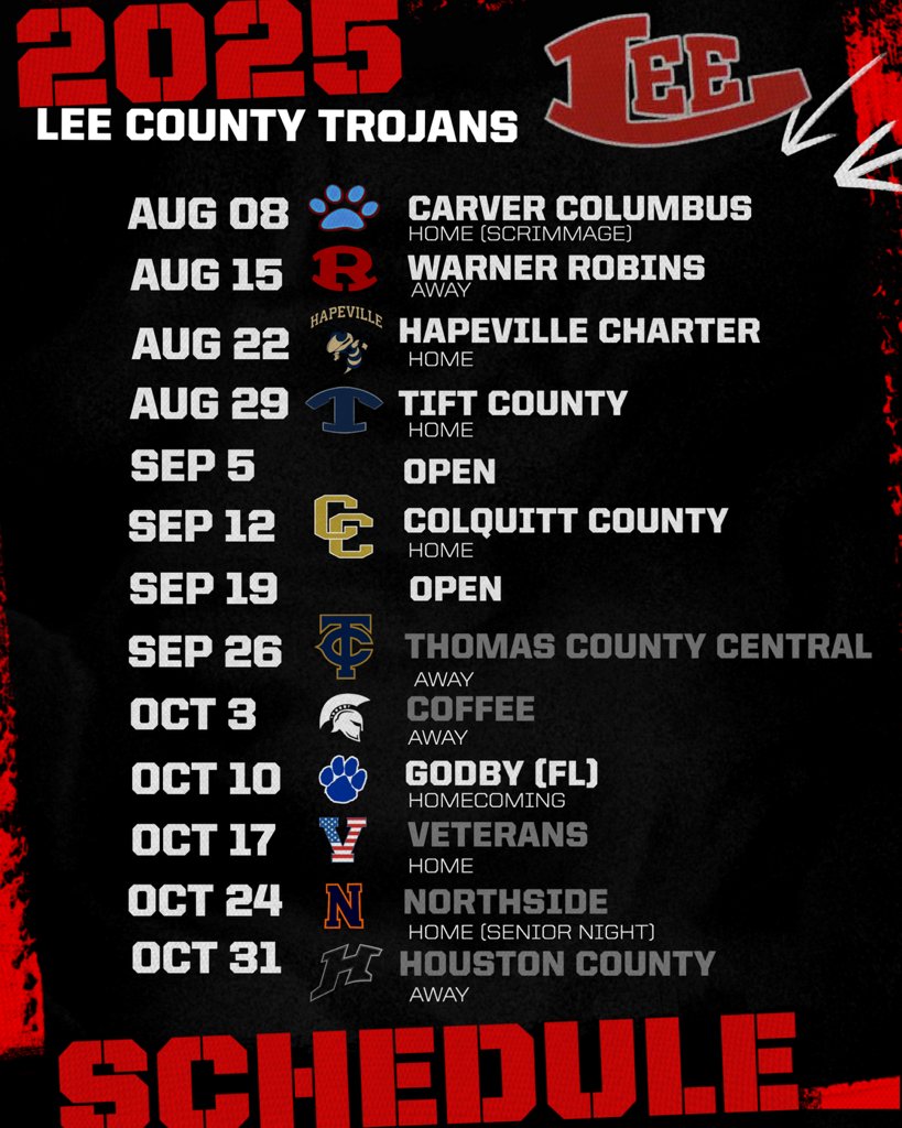 🚨🚨🚨 2025 LeeCo 🏈 Schedule
