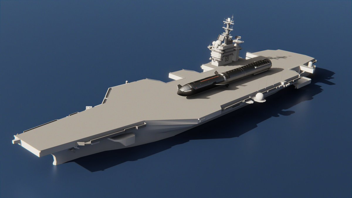Dale Rutherford (@dtrford) on Twitter photo Quick render to compare Starship & Booster with Aircraft carrier. As requested by <a href="/KSpaceAcademy/">Kerbal Space Academy</a> on <a href="/NASASpaceflight/">NSF - NASASpaceflight.com</a>. Carriers are BIG.
( Carrier isnt exactly the Kennedy but it is scaled to the Kennedy at 321m or 3.51 American Football fields or 990ft😅) #SpaceX #starship Quick render to compare Starship & Booster with Aircraft carrier. As requested by <a href="/KSpaceAcademy/">Kerbal Space Academy</a> on <a href="/NASASpaceflight/">NSF - NASASpaceflight.com</a>. Carriers are BIG.
( Carrier isnt exactly the Kennedy but it is scaled to the Kennedy at 321m or 3.51 American Football fields or 990ft😅) #SpaceX #starship