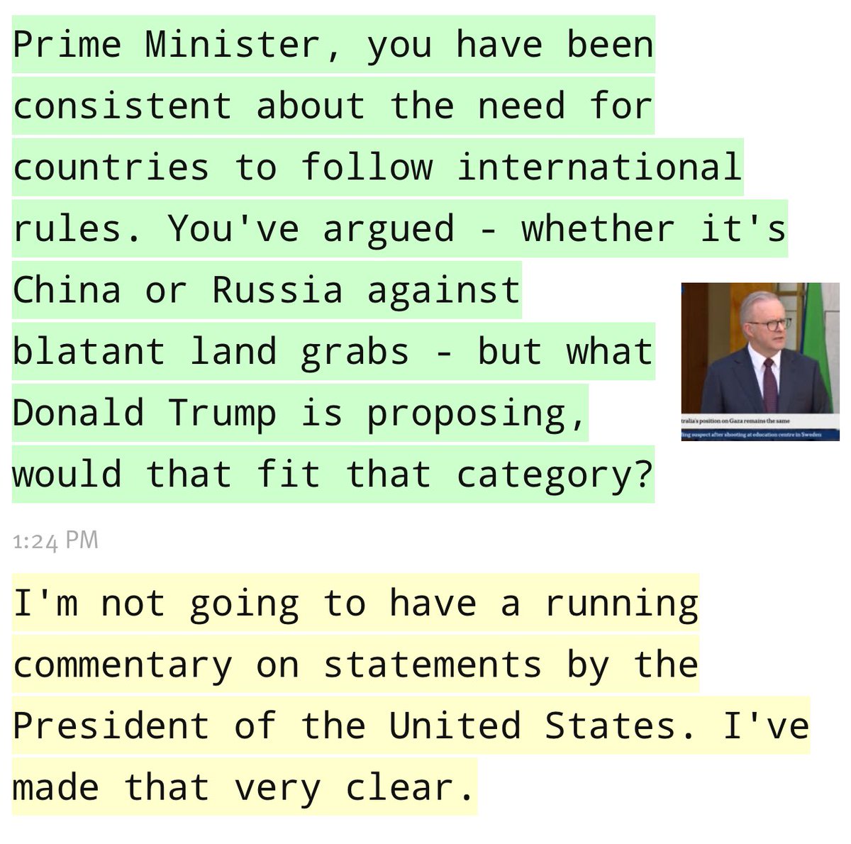 NourHaydar's tweet photo. Let me get this straight. The President of the US - Australia’s closest ally - has vowed to “take over” Gaza and is in effect backing the ethnic cleansing of Palestinians, and Australia’s PM has offered no comment or condemnation other than this. https://t.co/1cigQ1720g