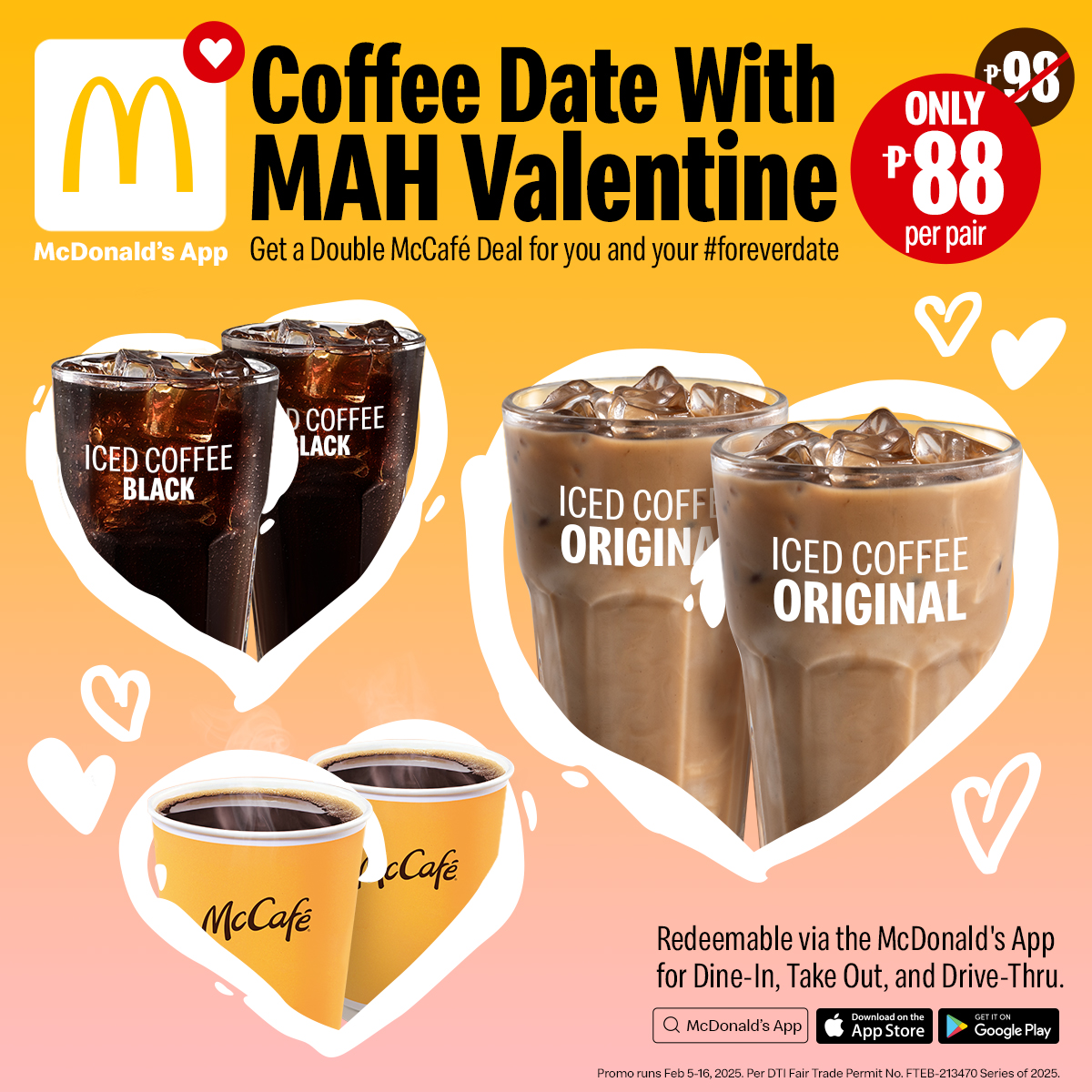 McDo_PH's tweet photo. McCafé for me & mah #ForeverDate for only ₱88! Available exclusively via the McDonald's App.
Google Play Store – https://t.co/zjw4RCGZuY
App Store – https://t.co/QCId2HJpQo https://t.co/q92gWZG4wv