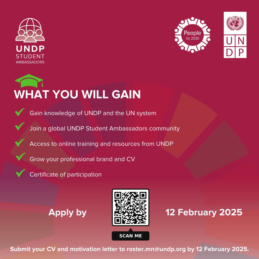 📣📣Are you a #Mongolian university student passionate about UN &amp; sustainable development? Start a life-changing journey as a UNDP Student Ambassador!🚀

⏰12 February 2025
1⃣ Fill out application form: bit.ly/3WMVE2A
2⃣Submit resume &amp; cover letter to roster.mn@undp.org