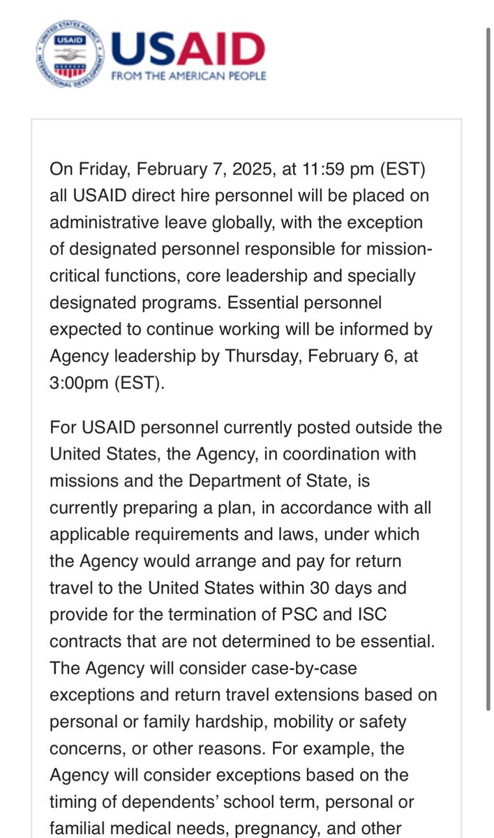 Hümeyra Pamuk (@humeyra_pamuk) on Twitter photo After nearly two weeks of mayhem, the Trump administration is now putting on leave all direct-hire USAID staff globally and recalling those overseas, effectively upending the lives of thousands of personnel, their families and the recipients of aid programs they oversaw. After nearly two weeks of mayhem, the Trump administration is now putting on leave all direct-hire USAID staff globally and recalling those overseas, effectively upending the lives of thousands of personnel, their families and the recipients of aid programs they oversaw.
