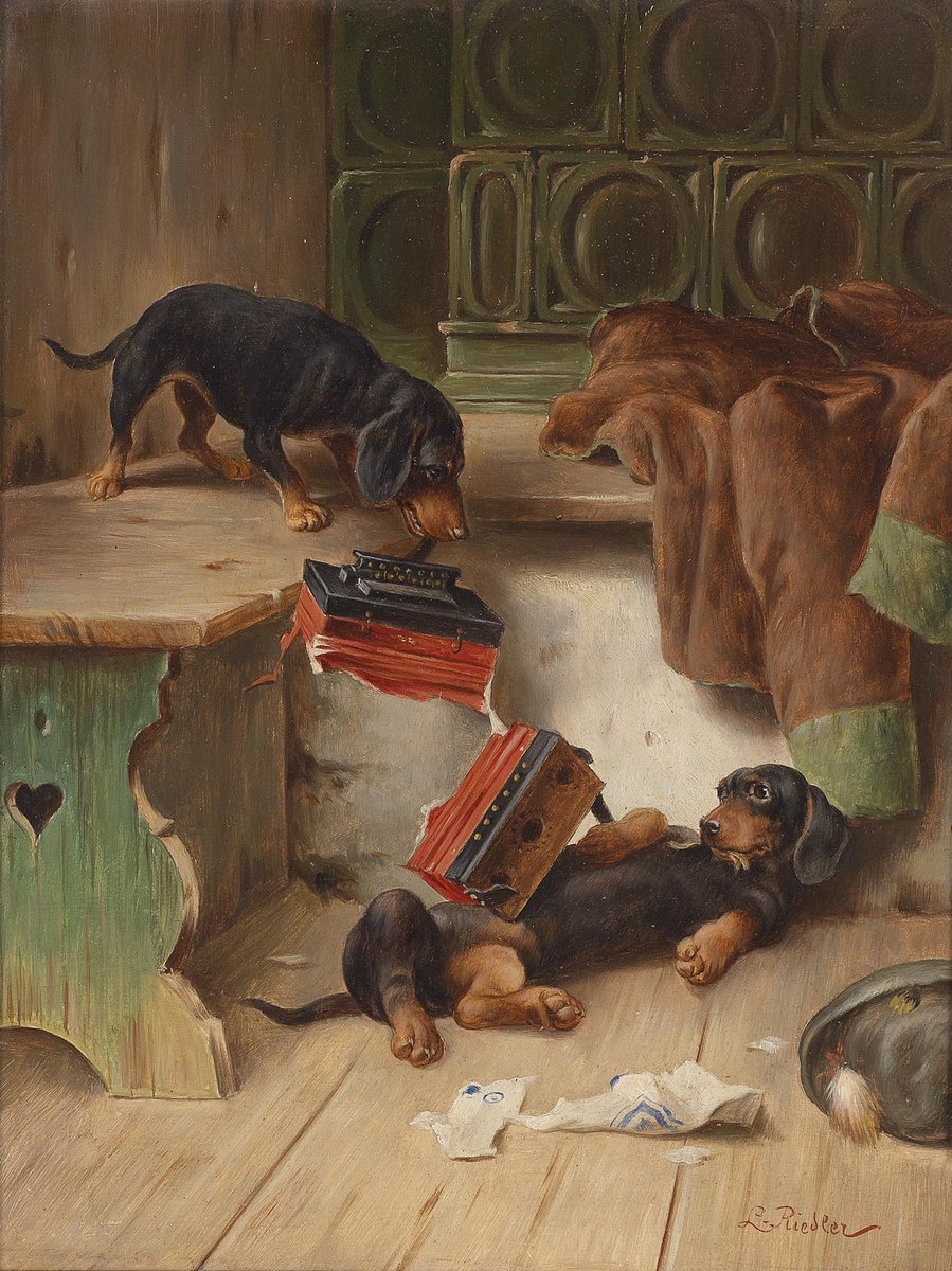 ArtHistAnimalia's tweet image. #TwoForTuesday :
L. Riedler (Austrian, active 2nd half 19th c.)
"Wie wird es enden?" &amp;amp; “So wird es enden!" c.1900
Oil on wood, each panel 26.5 x 20.5 cm, 
titled &amp;amp; signed on backs
#DogsInArt #Dachshunds

commons.wikimedia.org/wiki/File:L_Ri…
commons.wikimedia.org/wiki/File:L_Ri…