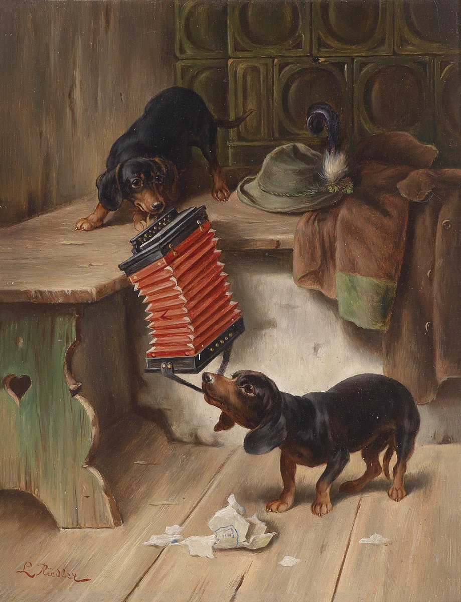 ArtHistAnimalia's tweet image. #TwoForTuesday :
L. Riedler (Austrian, active 2nd half 19th c.)
"Wie wird es enden?" &amp;amp; “So wird es enden!" c.1900
Oil on wood, each panel 26.5 x 20.5 cm, 
titled &amp;amp; signed on backs
#DogsInArt #Dachshunds

commons.wikimedia.org/wiki/File:L_Ri…
commons.wikimedia.org/wiki/File:L_Ri…