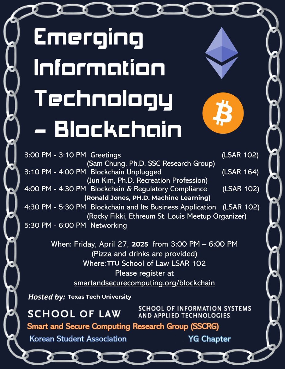 MrRonaldJones's tweet photo. I'll be speaking at the Blockchain &amp; Regulatory Compliance event at @TexasTech on April 27, 2025! Stop by if you're around—there will be free pizza and drinks! https://t.co/8gPY7ndHth