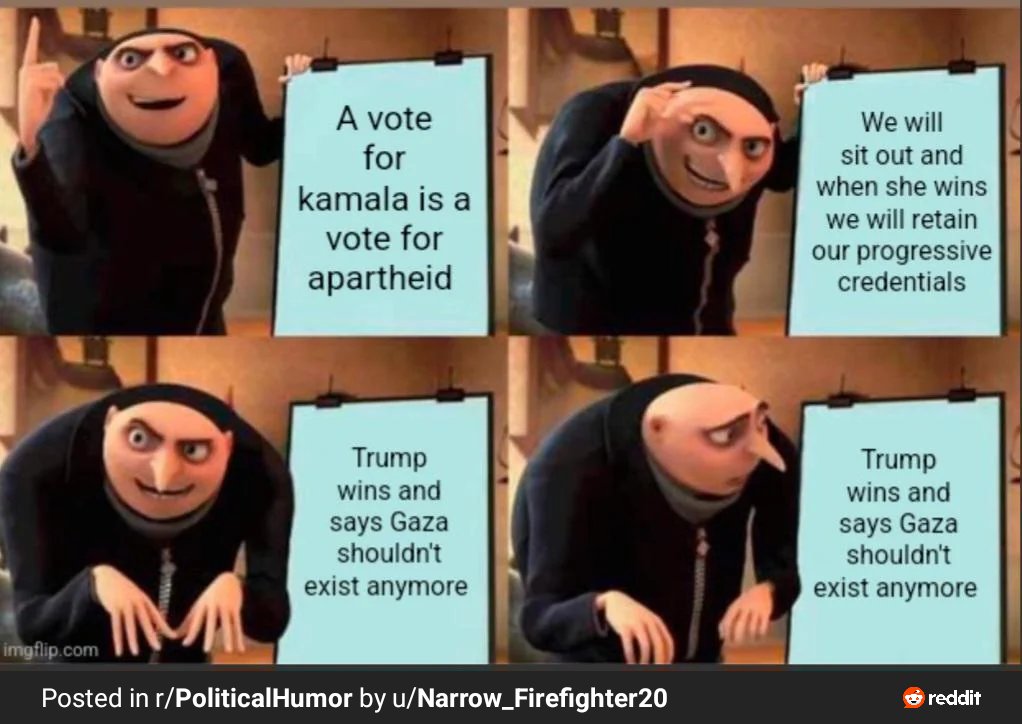 ناس محتاجة طلقة ٩ مم في منتصف جبهتها
١-المسلمين اللي صوتوا لترامب لأن كاملا هاريس داعمة لإسرائيل
٢-المدافعين عن جدوى طوفان الأقصى ونتائجه 
قلنا مليون مرة ياشوية عباقرة 
طالما ميزان القوى مش في صالحك 
اشتغل وخطط ونفذ بناء على النتائج والعاقبة مش الأهداف