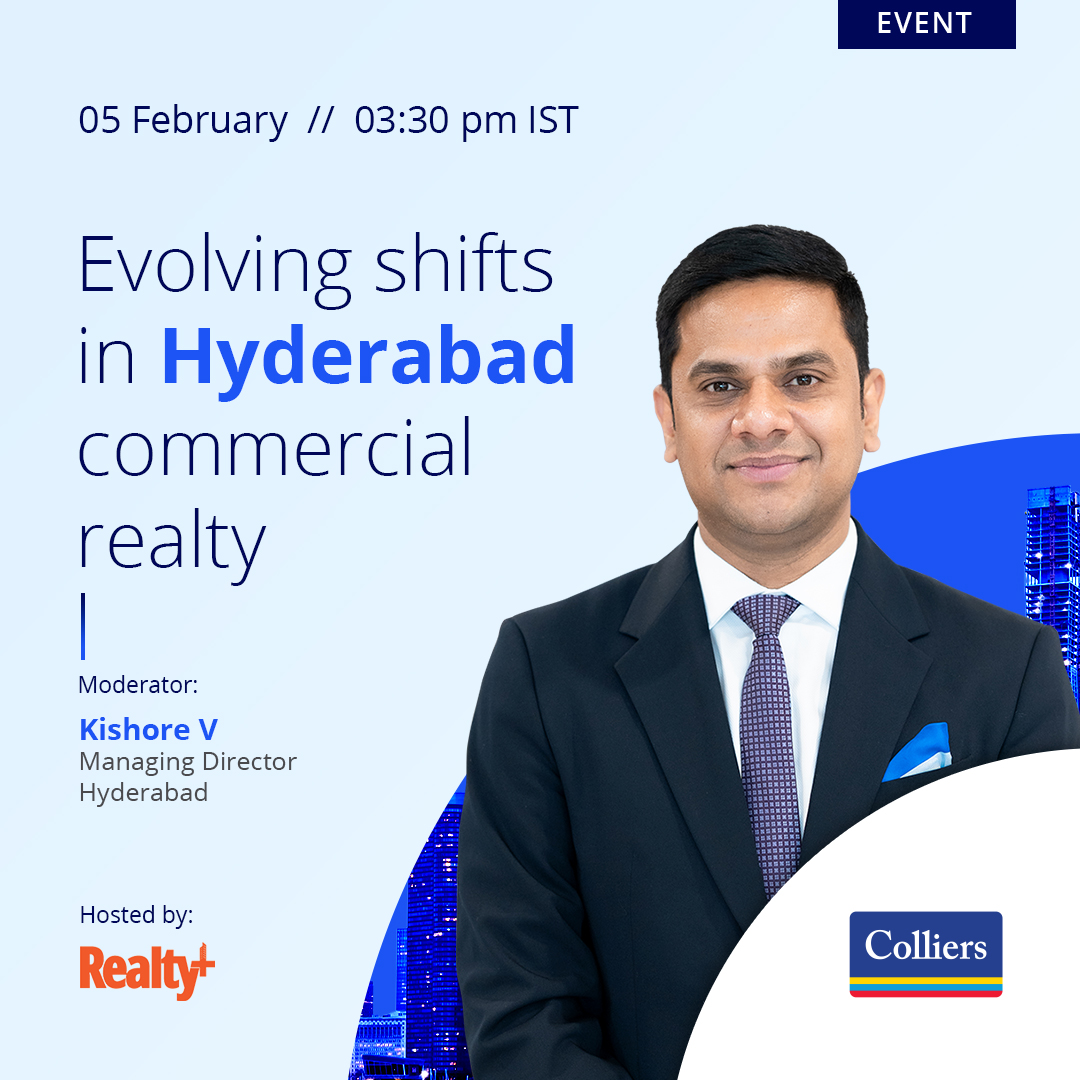 colliers_ind's tweet photo. Kishore V. will be at the discussion on 'Evolving Shifts in Hyderabad Commercial Realty' at the upcoming Realty+ Conclave & Excellence Awards – Hyderabad.
Know more- https://t.co/YPKwcg0v9X
#ColliersIndia #officeservies #commercialrealestate #hyderabad #officeleasing #event https://t.co/LrVVS3hKvy