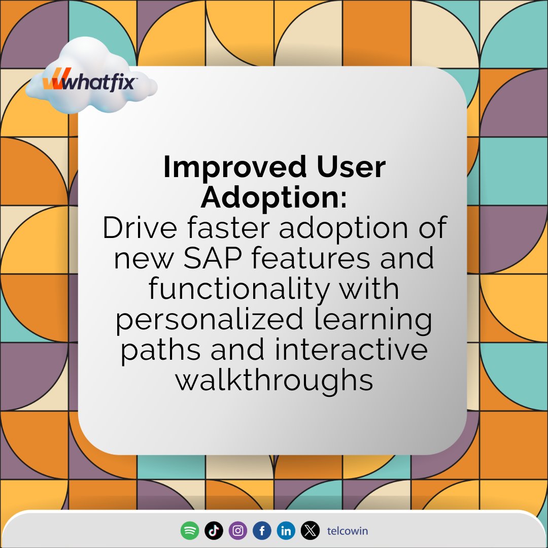 Telcowin's tweet image. Simplify SAP navigation and empower users with Whatfix! Cut the learning curve and boost productivity. Ready to learn more? Connect with us at +6013-9827763 or ask@telcowin.com. #SAP #Whatfix #digitaladoption #usertraining #productivity.