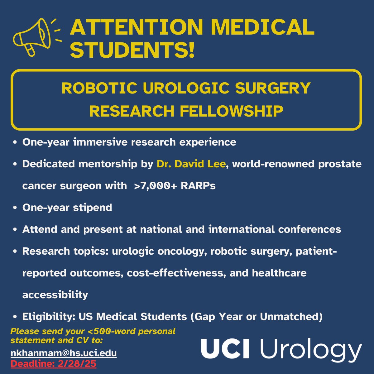 Narmina Khanmammadova (@nkhanmam) on Twitter photo 📣 Attention Medical Students! 📣
Happy to announce that we are expanding and looking for a medical student planning on applying to urology to join our team led by Dr. David Lee <a href="/davidleegumd/">David I Lee, MD</a> <a href="/UCI_Urology/">UCI Urology</a> ! 🤩
✅1-year position with a stipend
✅Dedicated mentorship 📣 Attention Medical Students! 📣
Happy to announce that we are expanding and looking for a medical student planning on applying to urology to join our team led by Dr. David Lee <a href="/davidleegumd/">David I Lee, MD</a> <a href="/UCI_Urology/">UCI Urology</a> ! 🤩
✅1-year position with a stipend
✅Dedicated mentorship