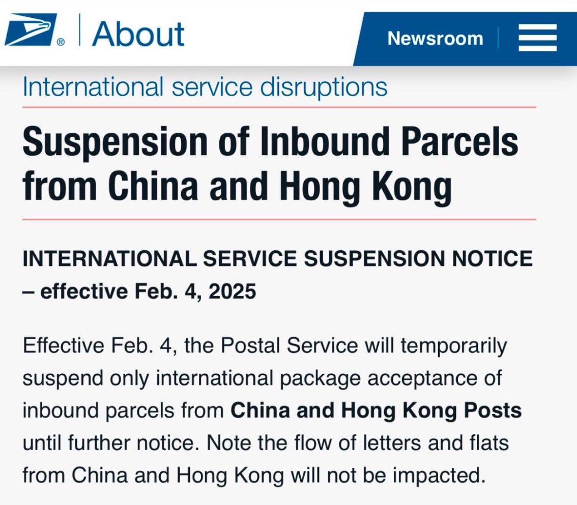 Minimus maximus: From <a href="/USPS/">U.S. Postal Service</a> —&gt; Temporary Service Disruption
Effective Feb. 4, the Postal Service will temporarily suspend only international package acceptance of inbound parcels from #China and #HongKong Posts until further notice. <a href="/NBCNews/">NBC News</a> 
(letters &amp; flats not affected)