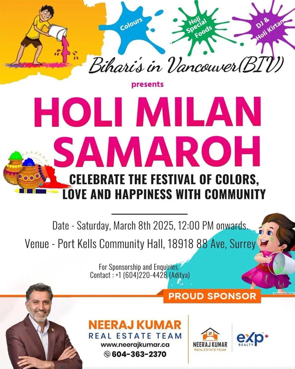 “Biharis in Vancouver” group is organizing Holi Festival in Surrey, BC.

Neeraj Kumar Real Estate Team is supporting this  community event. Read more neerajkumar.net/holi-biharis-i…
.
.
#Holi #Indian #Festival #Bihar #Jharkhand #Vancouver #Surrey #BC