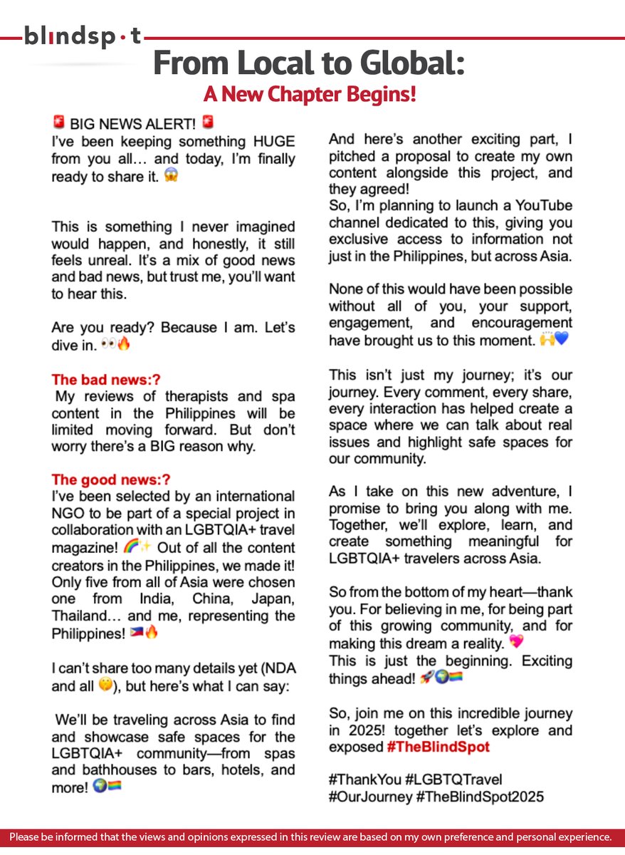 TheBlindSpotPh's tweet image. I was supposed to share this with you back in December, but I needed to understand the limits of what I could reveal first.
2025 is about to be LIFE-CHANGING! 🔥
#ThankYou2024 #LGBTQTravel #OurJourney #TheBlindSpot2025