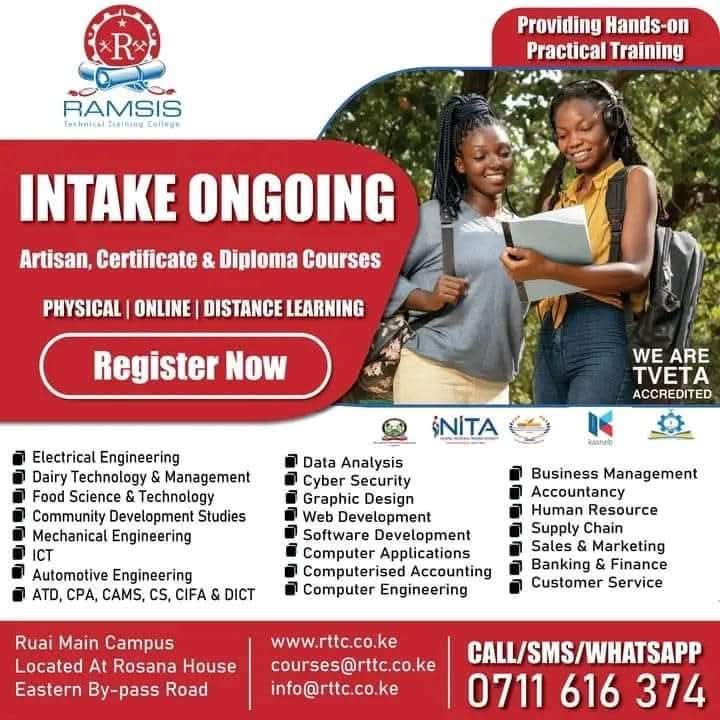 ramsistechnical's tweet image. #RamsisTechnicalTrainingCollege #ICT #Februaryintake #TrendingNow #CPA #RamsisTechnicalTrainingCollege #computerpackages #engineering #training #SoftwareDevelopment #softwaretraining #latestnews #EducationMatters #thebestcollegeinkenya @followers