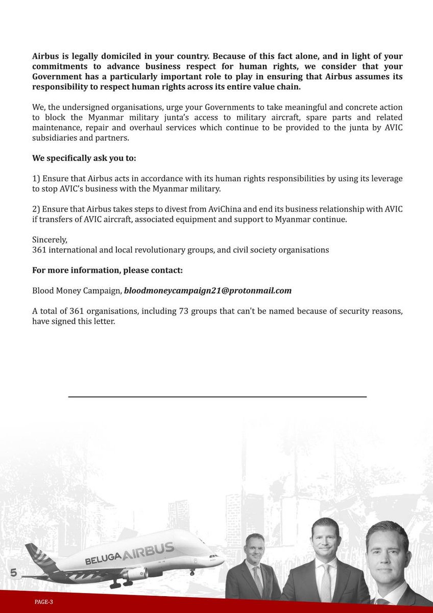 Blood Money Campaign (@bloodmoney22222) on Twitter photo Open Letter to the Government of the Netherlands, Airbus SE's domicile, calling for scrutiny of Airbus' business with AVIC
drive.google.com/file/d/10KRvR5…
#AirBus2Airstrikes
#Airbusted
#WhatsHappeningInMyanmar
#BloodMoneyCampaignMM
<a href="/eelcoheinen/">Eelco Heinen</a> <a href="/SchoellhornMike/">Michael Schoellhorn</a> Open Letter to the Government of the Netherlands, Airbus SE's domicile, calling for scrutiny of Airbus' business with AVIC
drive.google.com/file/d/10KRvR5…
#AirBus2Airstrikes
#Airbusted
#WhatsHappeningInMyanmar
#BloodMoneyCampaignMM
<a href="/eelcoheinen/">Eelco Heinen</a> <a href="/SchoellhornMike/">Michael Schoellhorn</a>