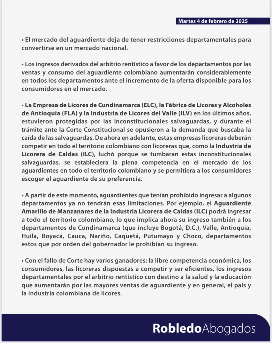 RobledoAbo's tweet photo. ¡Fallo histórico!. La @CConstitucional declara inconstitucional el artículo 28 de la Ley 1816 de 2016, eliminando la facultad de los gobernadores para prohibir el ingreso de aguardientes. Descubre el alcance de esta decisión en nuestro Comunicado de Prensa. https://t.co/mEOiFYlXZf