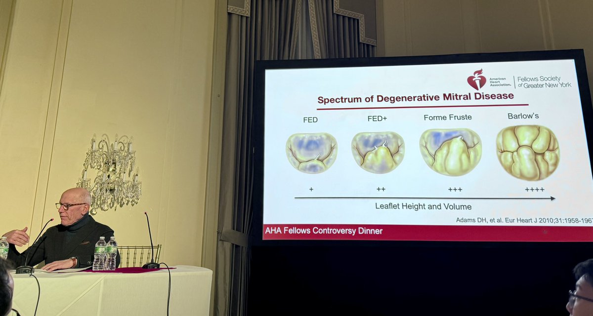 dranulala's tweet image. #AHAFellowsSociety (founded &amp;amp; still attended by #ValentinFuster) controversy dinner w/ 🤩 NYC panelists on MVProlapse &amp;amp; SCD: is MV surgery warranted?

👉🏽 does the MRI have LGE?
👉🏽 how severe is the MR (at rest or w/exercise)?
👉🏽 PVCs?
👉🏽 LVEF? 

Pretty rare having fellow-run