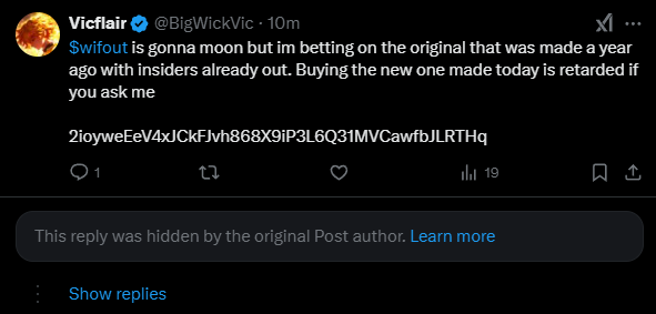BigWickVic's tweet photo. scam artist influencers are hiding my $WIFOUT comments!

buy the OG dont be a retard https://t.co/pih7lu5zjS