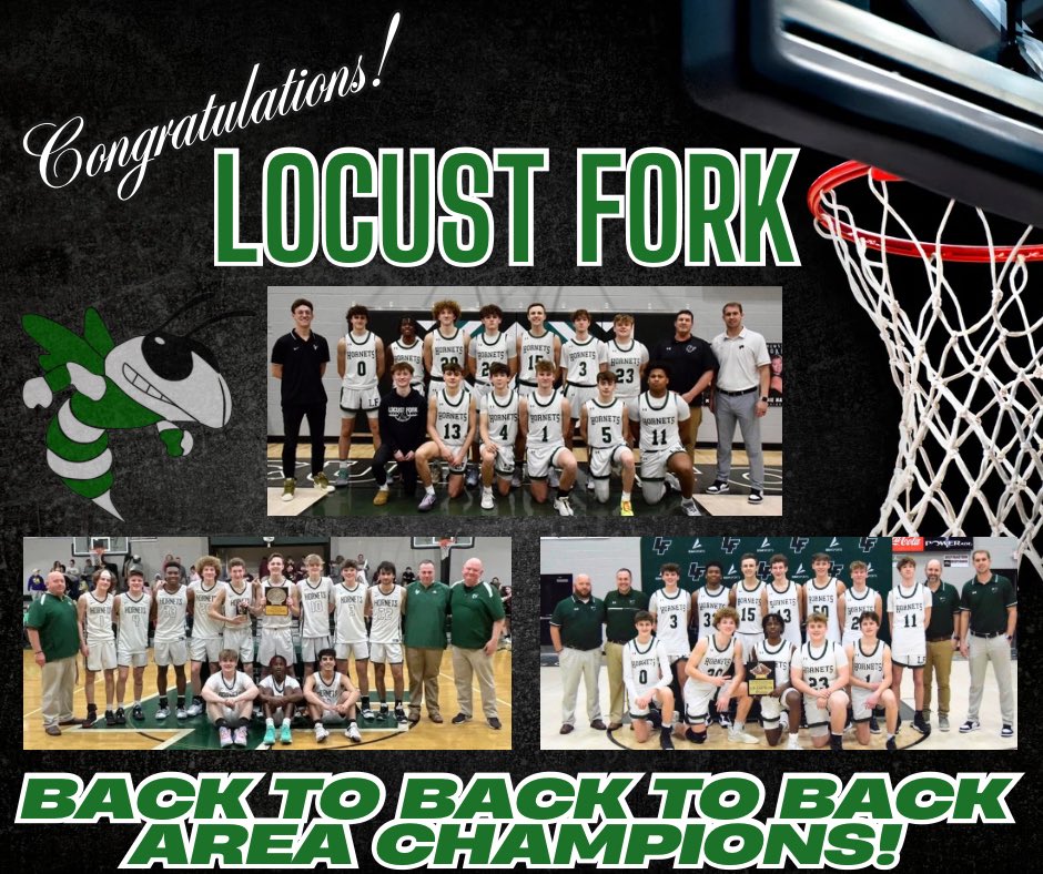 First time in School History for the Varsity Boys at Locust Fork a 3 Peat! Back to Back to Back Area Champions!! Congratulations Hornets!
