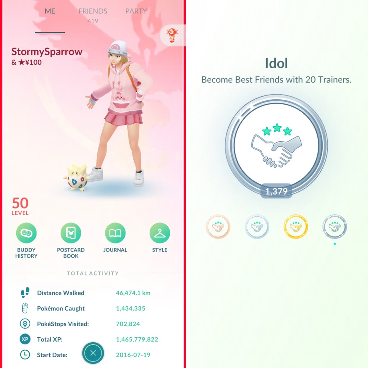 💜ISO 30 Friends💜
20 Openers/10 Senders

⭐️Prefer BF in 90-100 days
🎖️Don’t care about XP. Only point towards Idol badge
🐌Slow in progress will be removed
♻️Anyone reset with can readd
💬Please leave code below or DM me
🗑️No Screenshots Please
🔄Reshares appreciated

#PokemonGO