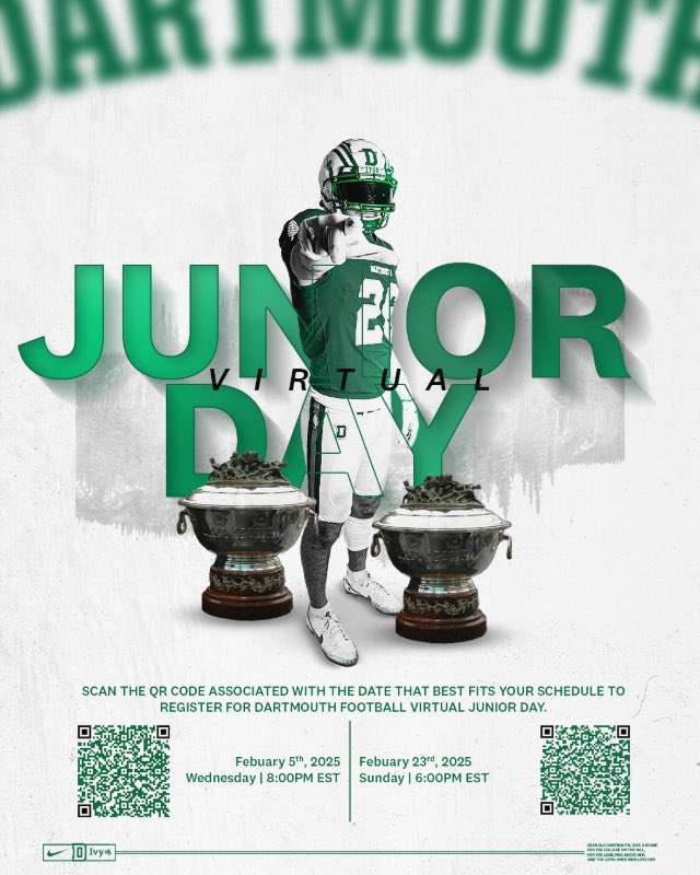 Thank you <a href="/coachirishodea/">Danny O'Dea</a>  and <a href="/DartmouthFTBL/">Dartmouth Football</a> for the virtual junior day invite. I’m looking forward attending on the 23rd.