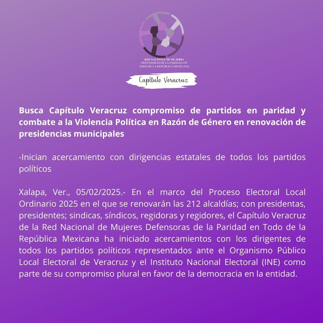 RedParidad_Ver's tweet photo. Desde el Capítulo Veracruz de la @RedNacMDPT comenzaremos un ciclo de reuniones con las dirigencias de todos los partidos políticos que participarán en el proceso electoral local 2025 en Veracruz.
Nuestro objetivo es sumar al fortalecimiento de la paridad y al combate de la VPGM https://t.co/o2kgZzPzkW