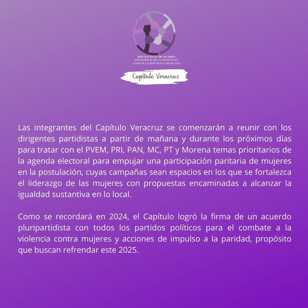 Desde el Capítulo Veracruz de la <a href="/RedNacMDPT/">Red Nacional De Mujeres</a> comenzaremos un ciclo de reuniones con las dirigencias de todos los partidos políticos que participarán en el proceso electoral local 2025 en Veracruz.
Nuestro objetivo es sumar al fortalecimiento de la paridad y al combate de la VPGM